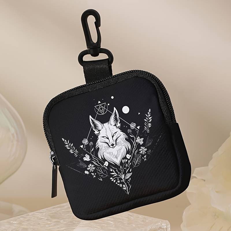 1pc Large Capacity Coin Wallet with Black and White Wolf Pattern Digital Print Storage Bag Multif