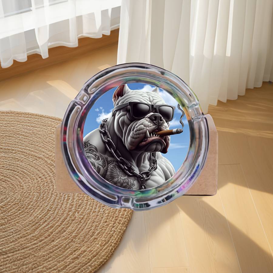 Glass Ashtray Bulldog Design with Fashion Glasses Cigar Illustration Multi-Color Round S