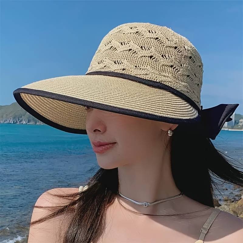 1pc Womens Stylish Summer Straw Sun Hat with Bowknot Breathable Foldable UV Protection Wi