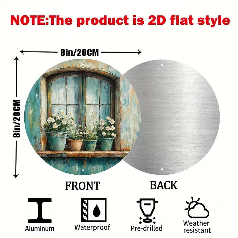 1pc 2D Tin Sign Window With Flowers In Pots Retro Aluminum Circular Metal Sign Metal Wreath Sign Ret