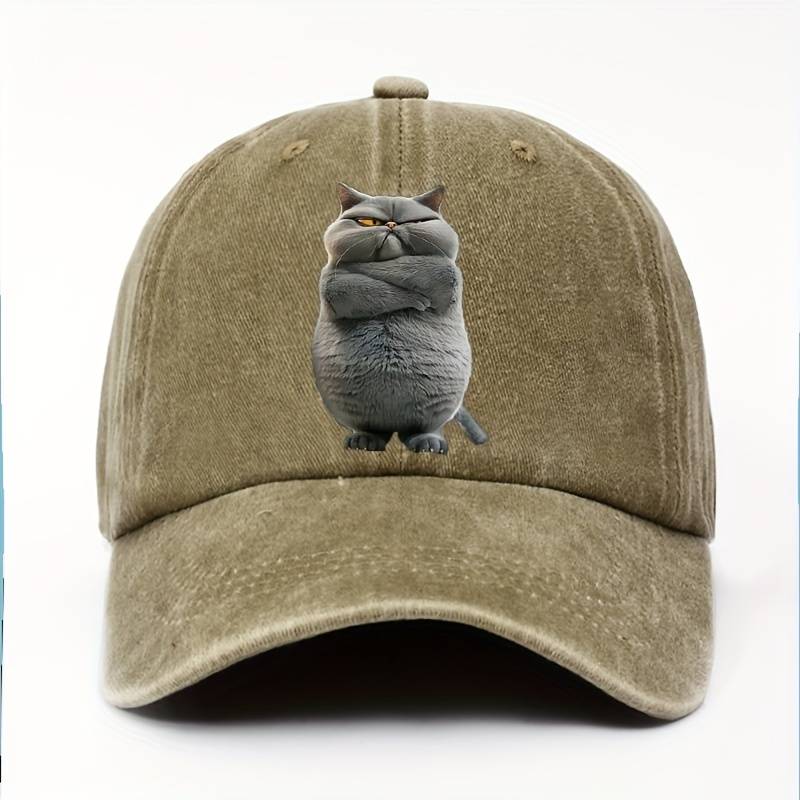 1pc Adjustable Cotton Baseball Cap with Funny Cat Print Unisex Vintage Washed Hat Pre-Curved Sun