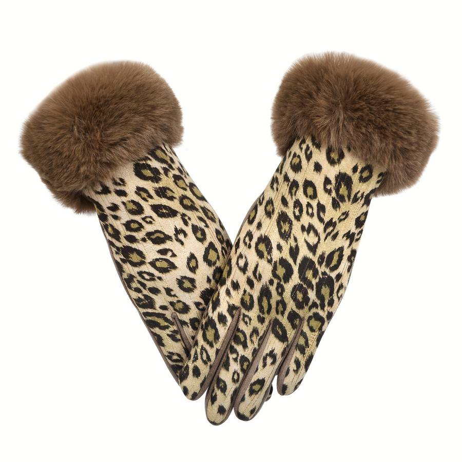 1 Pair Leopard Print Hair Mouth Pink Brown Warm Gloves