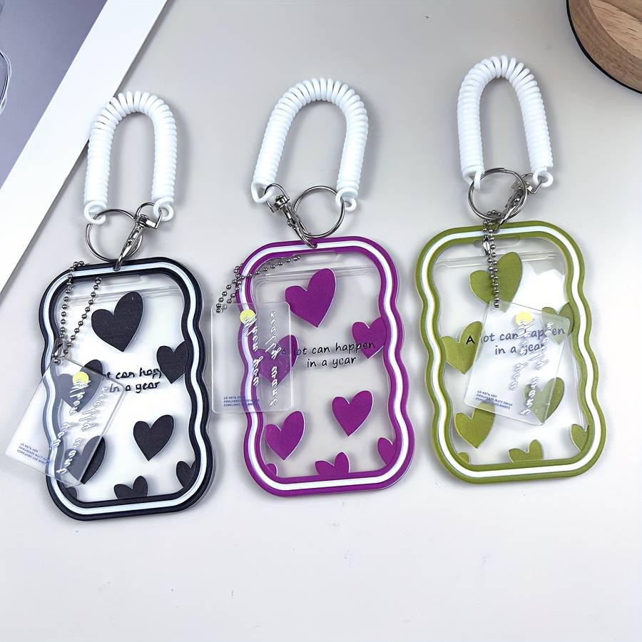 1pc TPU ID Card Holder with Love Text Pattern Portable Office Travel Card Case with Spring Lan