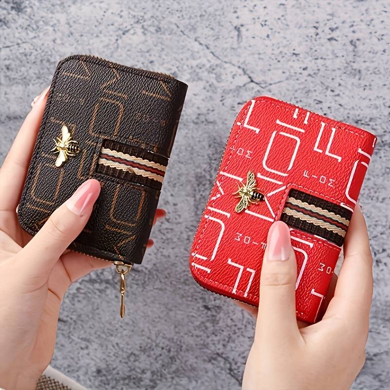 1pc Foldable PU Wallet Organizer for Women Cute Bee Design Multi-Card Holder Zippered Accordion