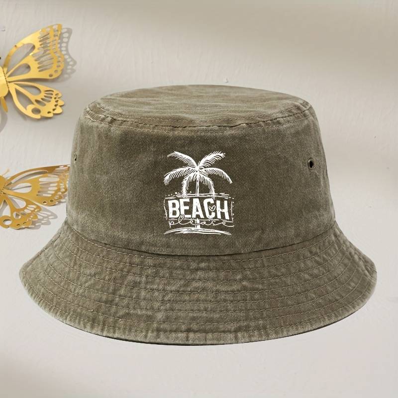 Vintage Washed Grey Beach Bucket Hat With Palm Tree Print Unisex Sun Protection Fisherman Cap