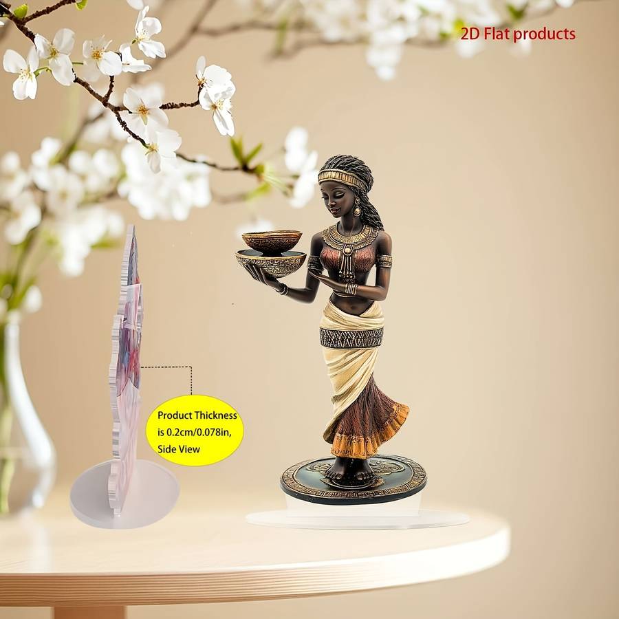 1pc 2D Flat  Elegant Bohemian African Lady Statue with Golden Accents  Acrylic Crystal Decoration In