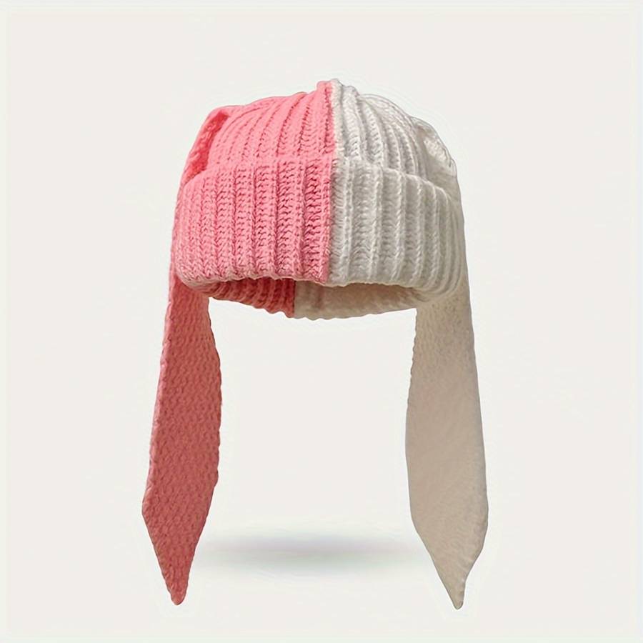 1pc Perfect Breathable Rabbit Ear Beanie Chic Colorblock Knit Rabbit Ear Beanie for Women Stret