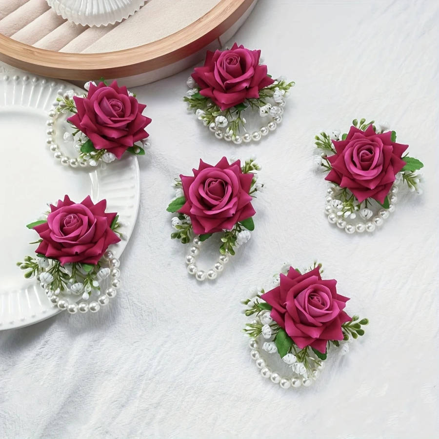 Burgundy 6pcs Elegant Red Rose Wrist Flowers With White Gypsophila And Faux Pearl Chain