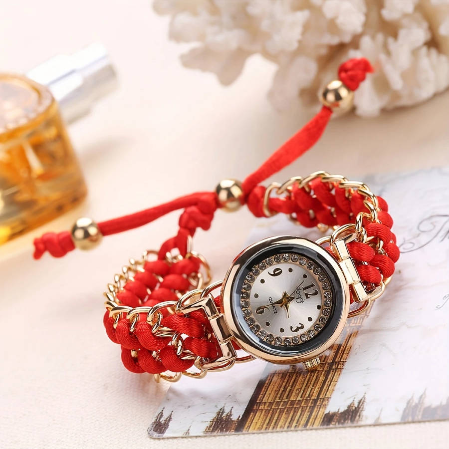 1pc Rhinestone-Inlaid Dial Adjustable Braided Cord Durable Quartz Movement Ladies' Wristwatch Fashio
