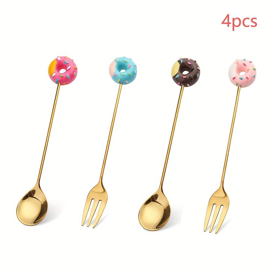4pcs Cute Donut Theme Stainless Steel Coffee Spoon Fork Elegant Golden Dessert Spoon Fruit