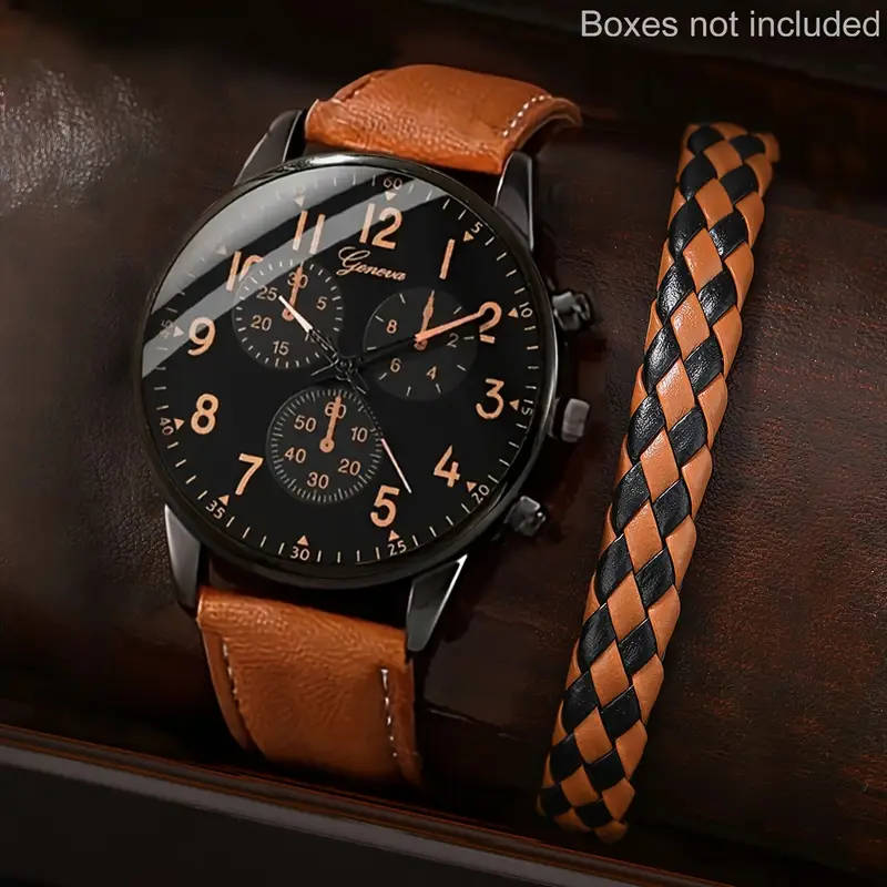 Men Watch 2pcs Set Men's Casual Quartz Wristwatch with Khaki Faux Leather Strap