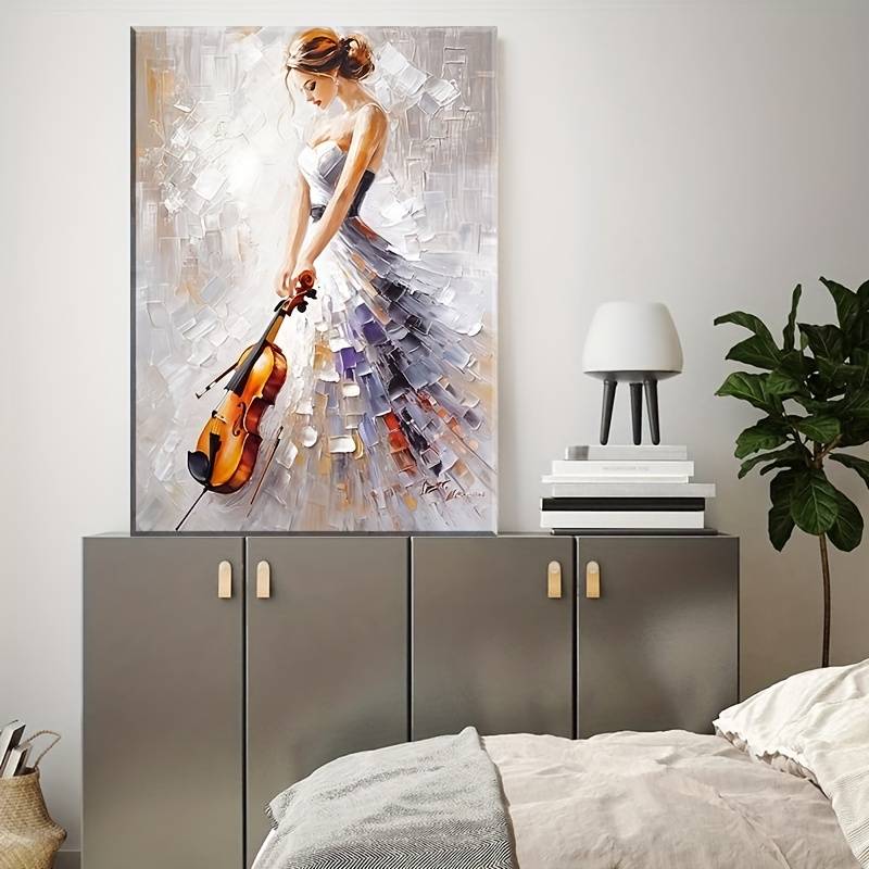 1pc Elegant Violinist Canvas Print Abstract Female Musician Oil Painting Pine Wood Wrapped Frame