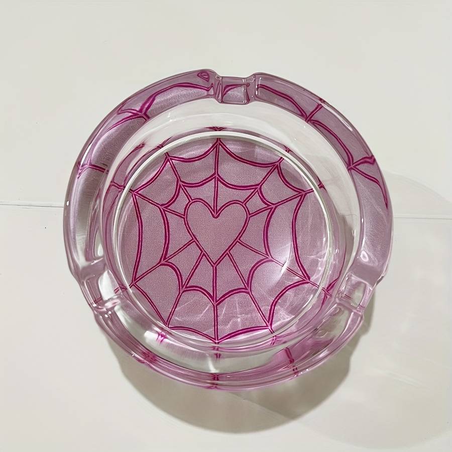 1pc Pink Spider Web Pattern Glass Ashtray 8.5CM Sweet Cute Pink Round Ashtray Creative Luxury O
