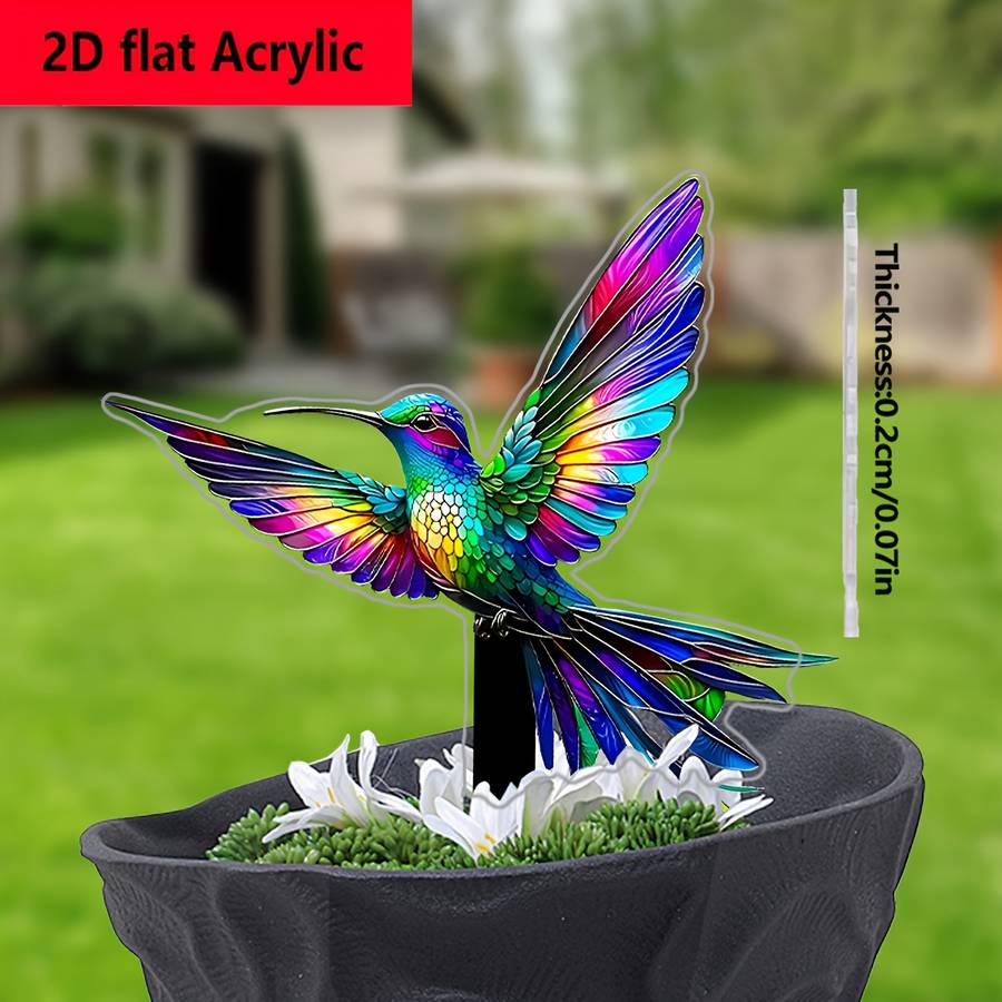 1pc 2D Flat  Acrylic Hummingbird Garden Decoration Vibrant Rainbow Feathers Classic Style No Bat