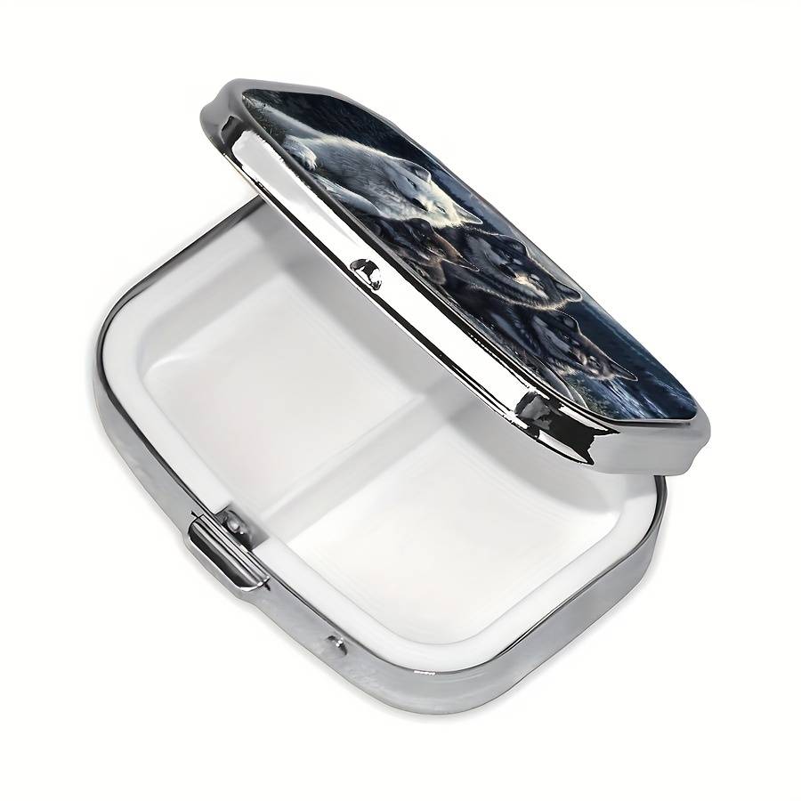 1pc Wolf Family Metal Pill Box C Portable Decorative Organizer with Realistic Wolf Artwork Com