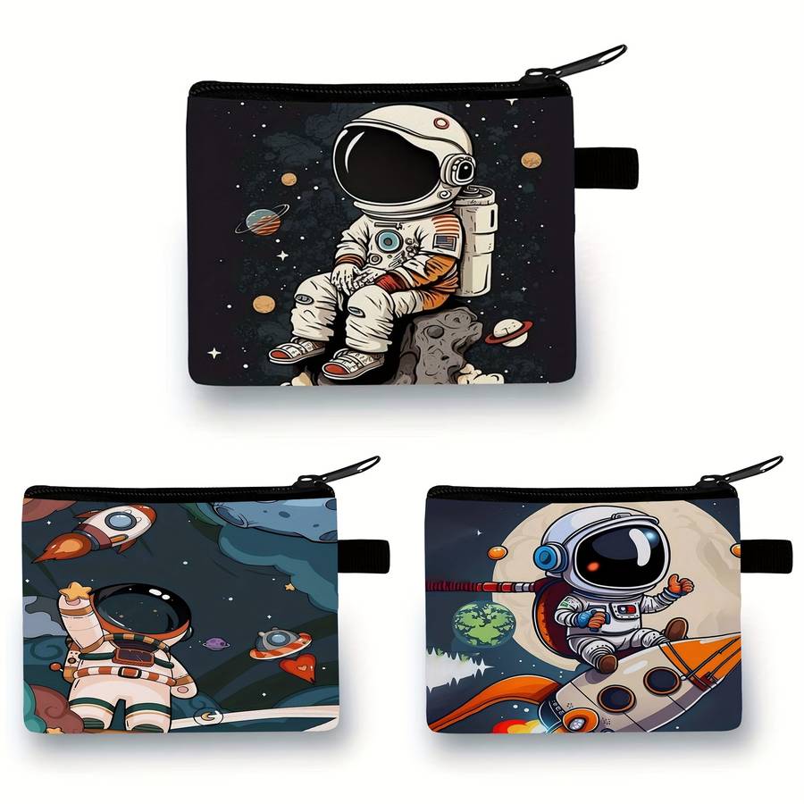 1pc Cool Astronaut Zero Wallet Durable Polyester Pouch with Vibrant Cartoon Design Hand Washable