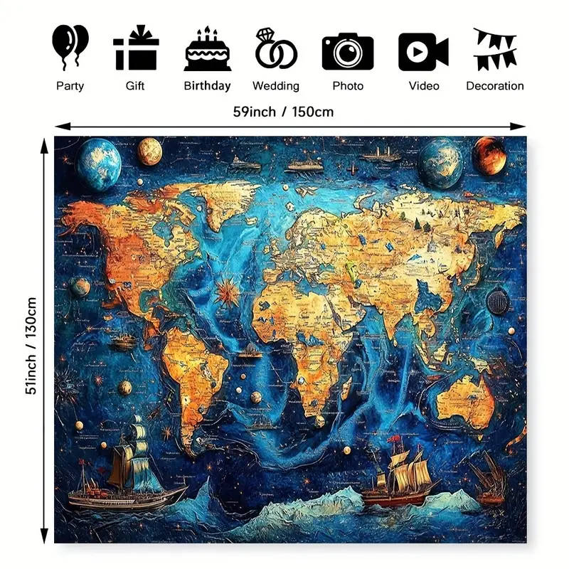 BIG!!! Colorful Relief World Map Printed Banner - Durable Fabric with Vibrant Mixed Colors