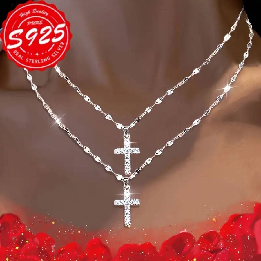 2-Pack 925 Sterling Silver Lip Necklace with Cross Pendant