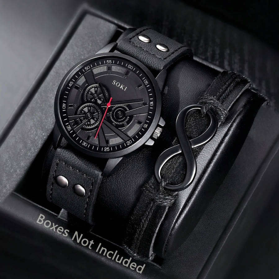 2pcs Men's Sport Digital Watches with Faux Leather Woven Wrap Bands Alloy Case Quartz Movement Black