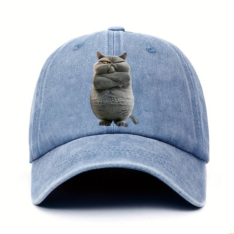 1pc Adjustable Cotton Baseball Cap with Funny Cat Print Unisex Vintage Washed Hat Pre-Curved Sun