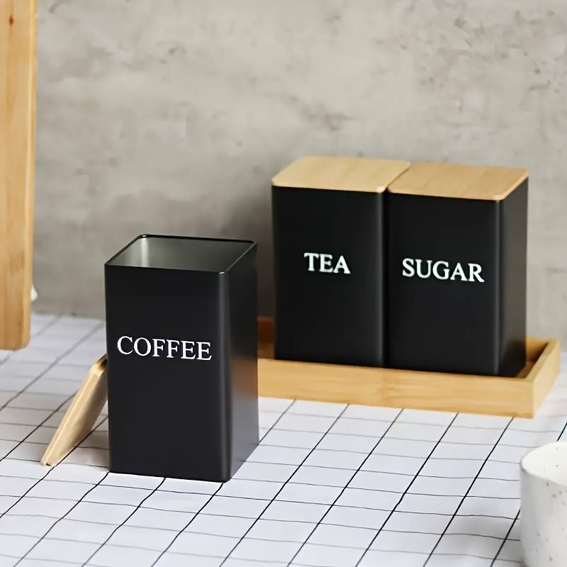 LDQ Set of 3 Iron Kitchen Canisters with Wooden Lids Washable Uncharged Engraved Label Stor