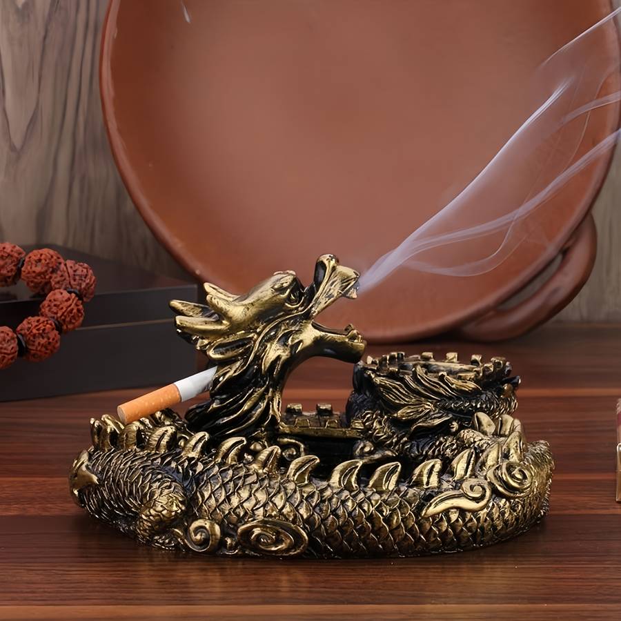 1pc Vintage Style Dragon Ashtray Resin Crafted Round Shape Durable No Electricity Required wit