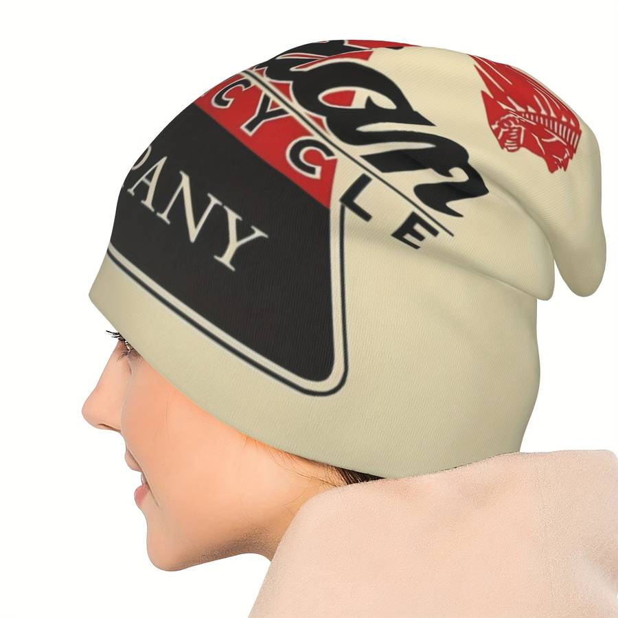 Retro Indian Motorcycle Pattern Beanie Stretchy Knit Ski Cap Soft Polyester Blend Funky