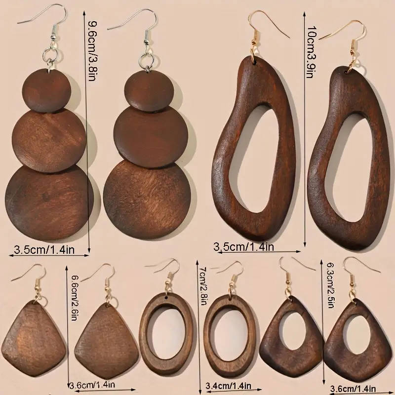 5pcs Set  Vintage Look Brown Wooden Earrings