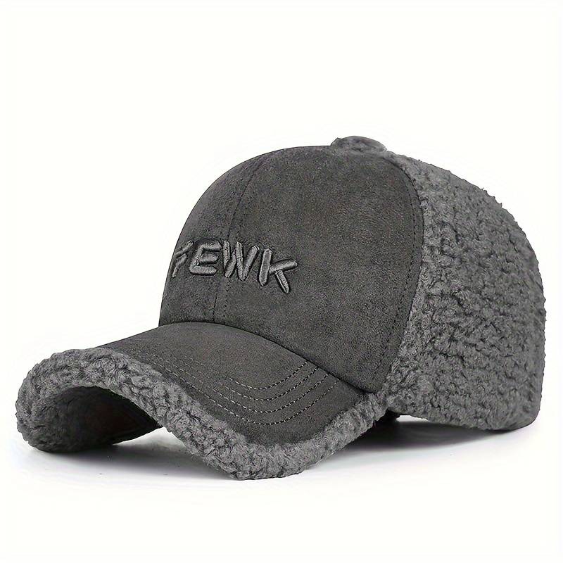 1pc FEWK Embroidered Fleece Baseball Cap Warm Cozy Brown Trucker Hat with Faux Leather Patc