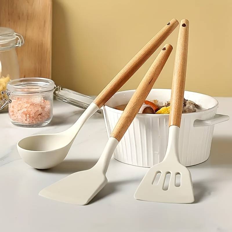 3pcs Silicone Kitchen Utensil Set Heat-resistant Food Grade Spatula Spoon and Flipper with G