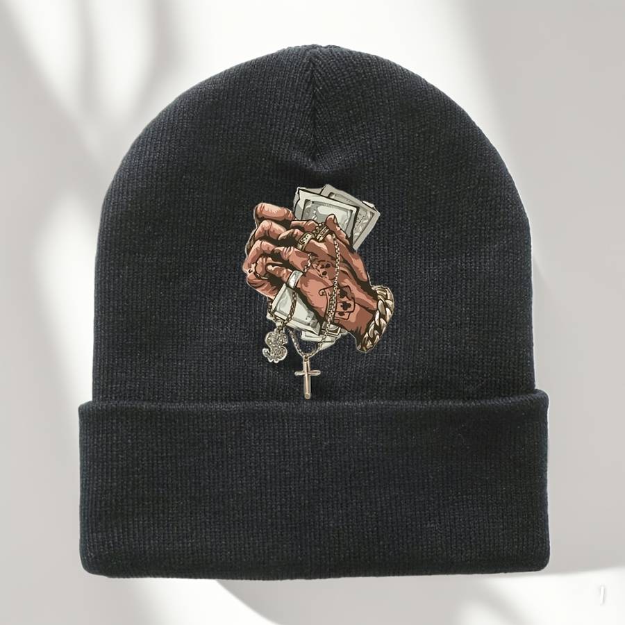 1pc Men's Hip Hop Style Black Knit Beanie with Cross Pattern Warm Stretchy Machine Washable