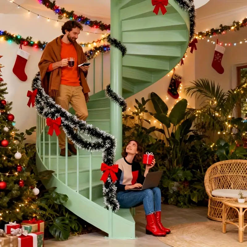 393.7 Inches - 2-Piece Set With Red Bow And Dark Green And White Snowflake Christmas Wreath Decorati