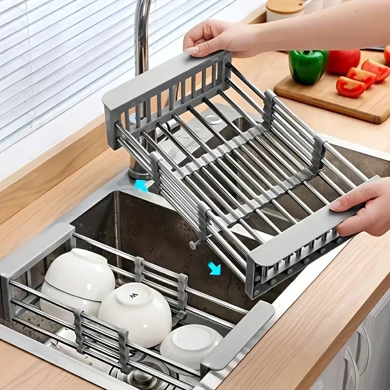 1pc Expandable Stainless Steel Over-The-Sink Dish Rack Drainer Basket Collapsible Kitchen Organ