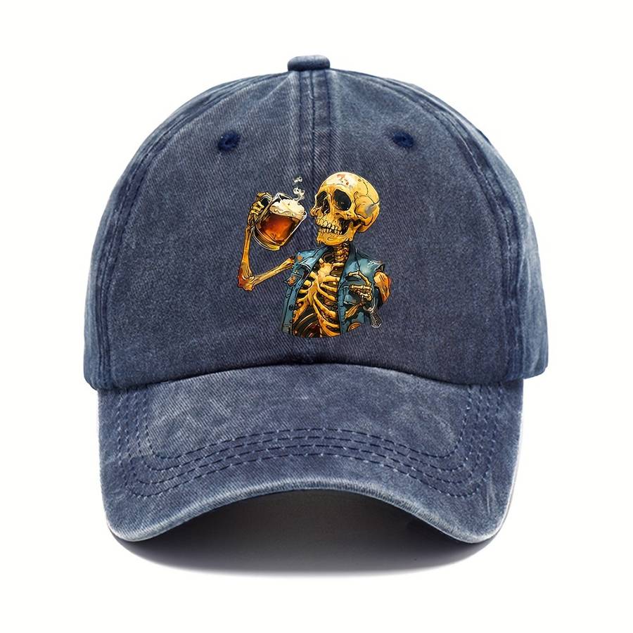 1pc Halloween Skeleton Holding Wine Baseball Cap Adjustable Vintage Casual Hat Unisex Breathable