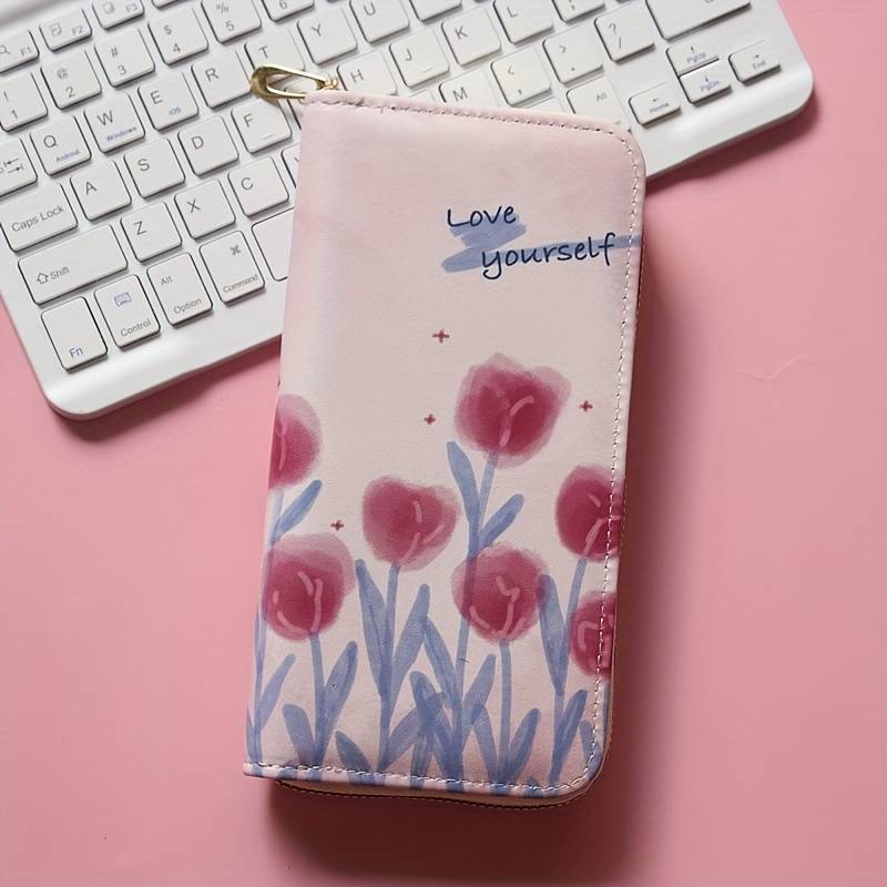 1pc Women'S Casual Floral Zipper Wallet with Multiple Card Slots Large Capacity Coin Pouch with "