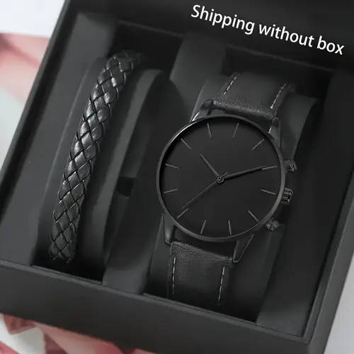 2pcs set Men's Simple Black Quartz Watch Bracelet Set Color sent randomly