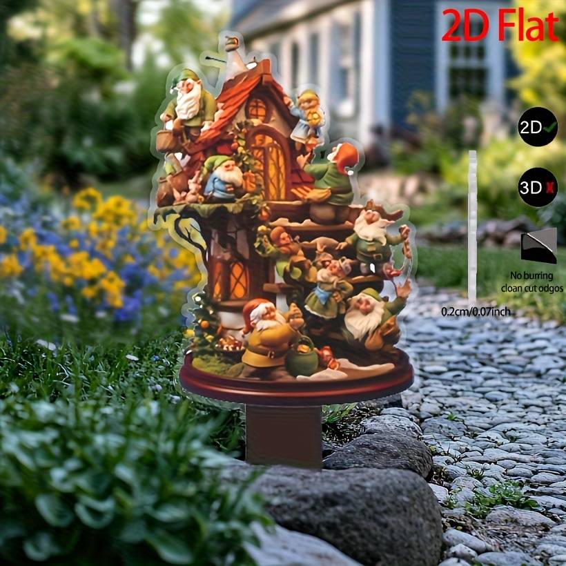 1pc 2D Flat  Pack of 1 Many Gnomes and Houses Art Decor Style Acrylic Garden Stakes Lawn Pot Deco