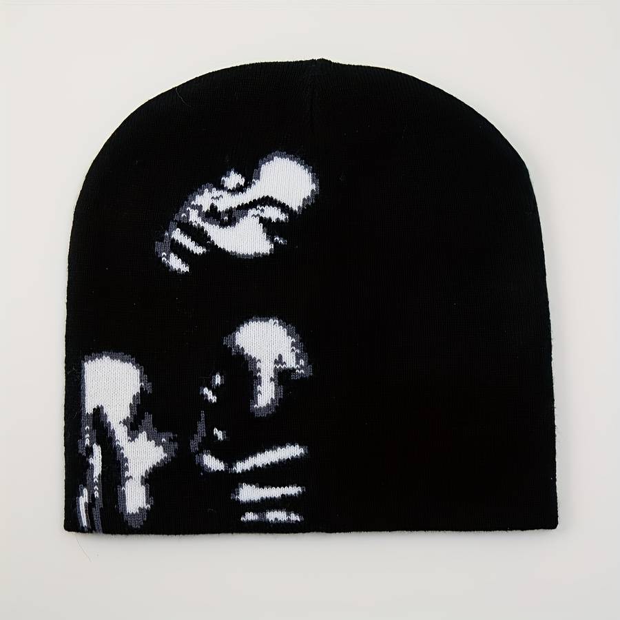 Chic Skull Beanie Black White Jacquard Stretchy Elastic Knit