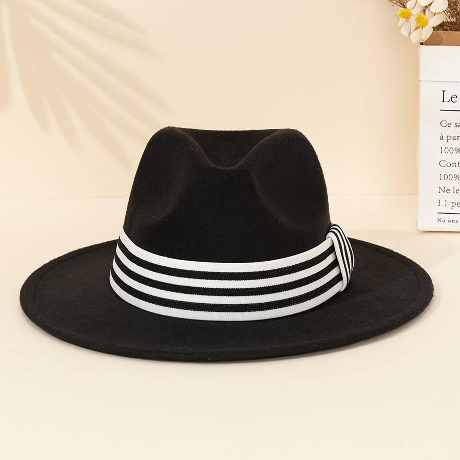 Retro Fashion Jazz Fedora Hat With Striped Woven Band 100% Polyester Lightweight Imitation