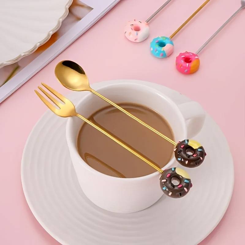 4pcs Cute Donut Theme Stainless Steel Coffee Spoon Fork Elegant Golden Dessert Spoon Fruit