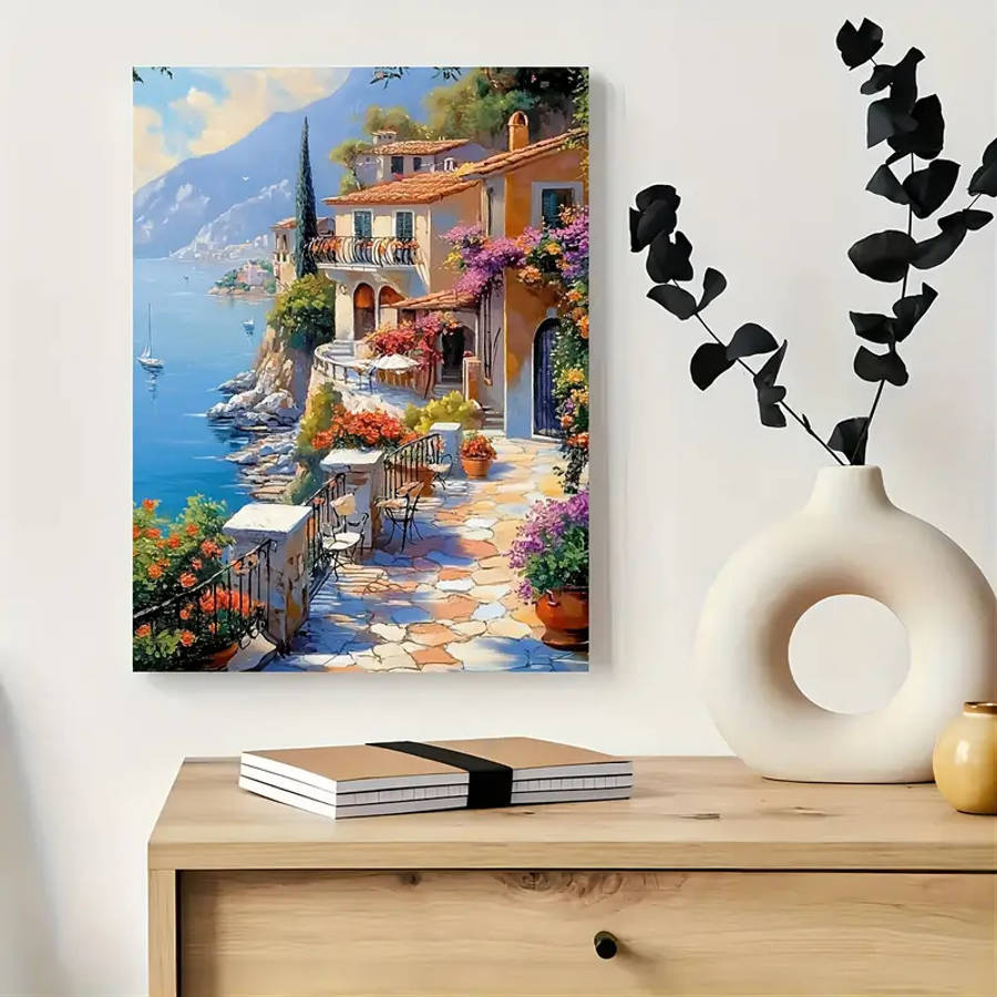 Charming Seaside Villa Garden Canvas Art Wooden Framed Wall Decor