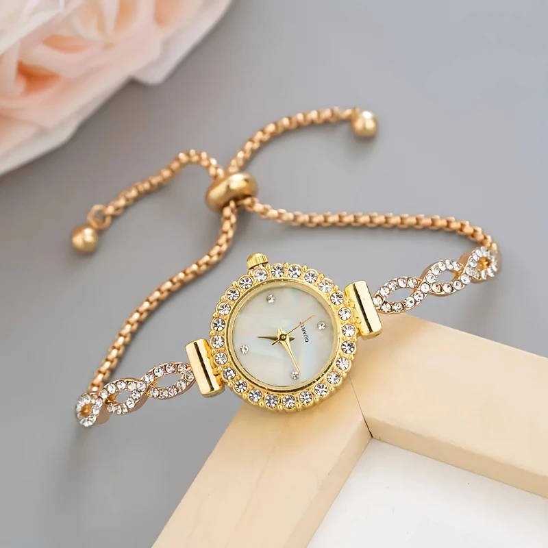 1pc Luxurious And Stylish Golden Women'S Round Quartz Watch Featuring an Exquisite Zinc Alloy Strap