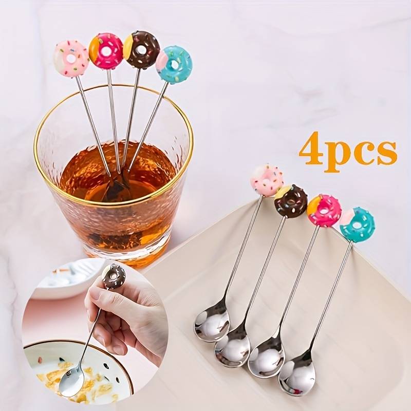 4pcs Set of Cute Donut Stainless Steel Spoons Perfect for Desserts Ice Cream Coffee Idea
