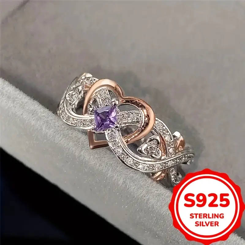 925 Sterling Silvery Infinity Heart Ring with Purple Synthetic