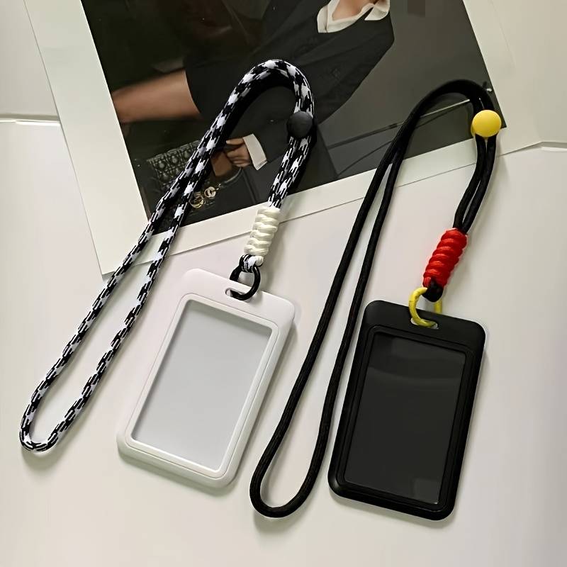 1pc Stylish Neck Lanyard Card Holder Durable Plastic Casual Design with Checkered Pattern Strap
