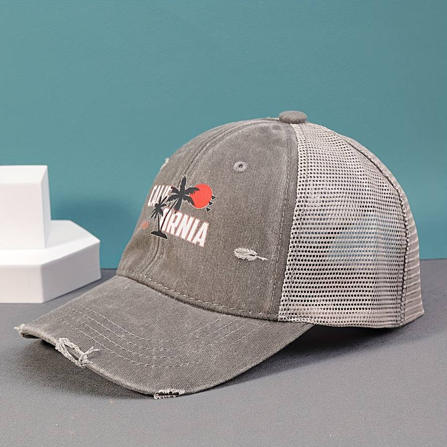 1pc California Beach Sunset Printed Cotton Baseball Cap with Mesh Back and Adjustable Snap Closure