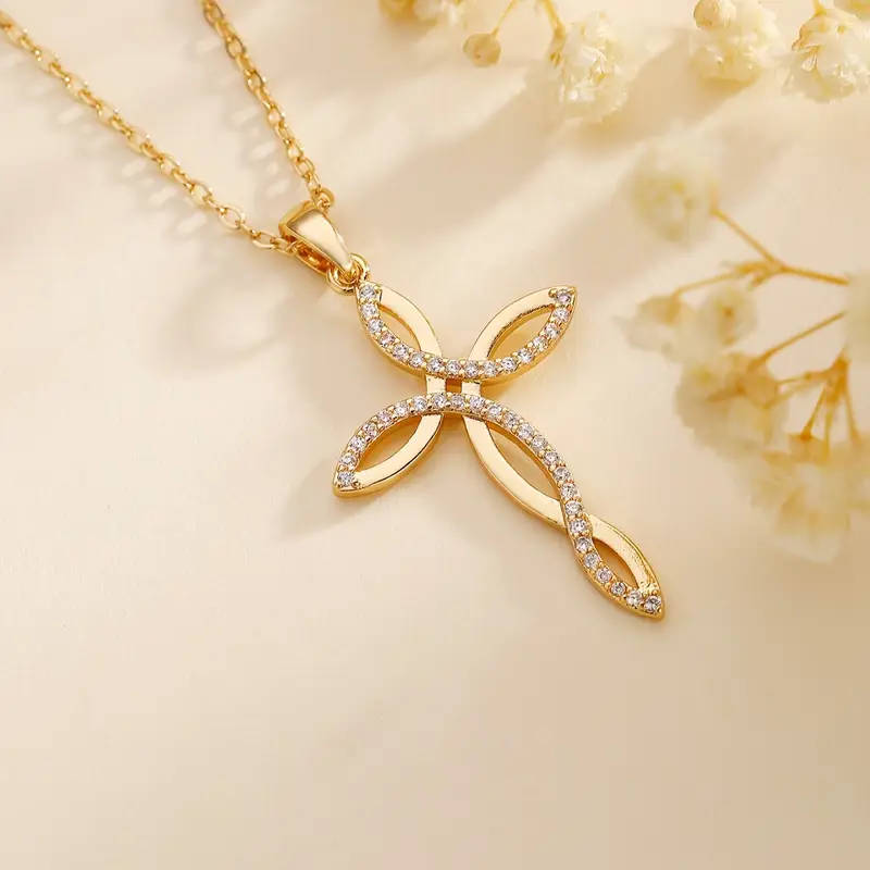 Gem Inlaid Cross Pendant Necklace