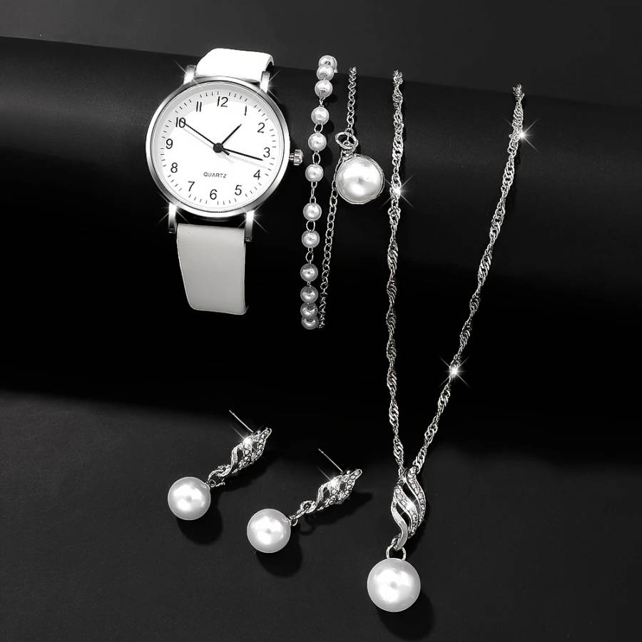 5pcs set Elegant Women's Round Quartz Watch Fashion Jewelry Set Eid Al-Adha Gift for Friends and Fam