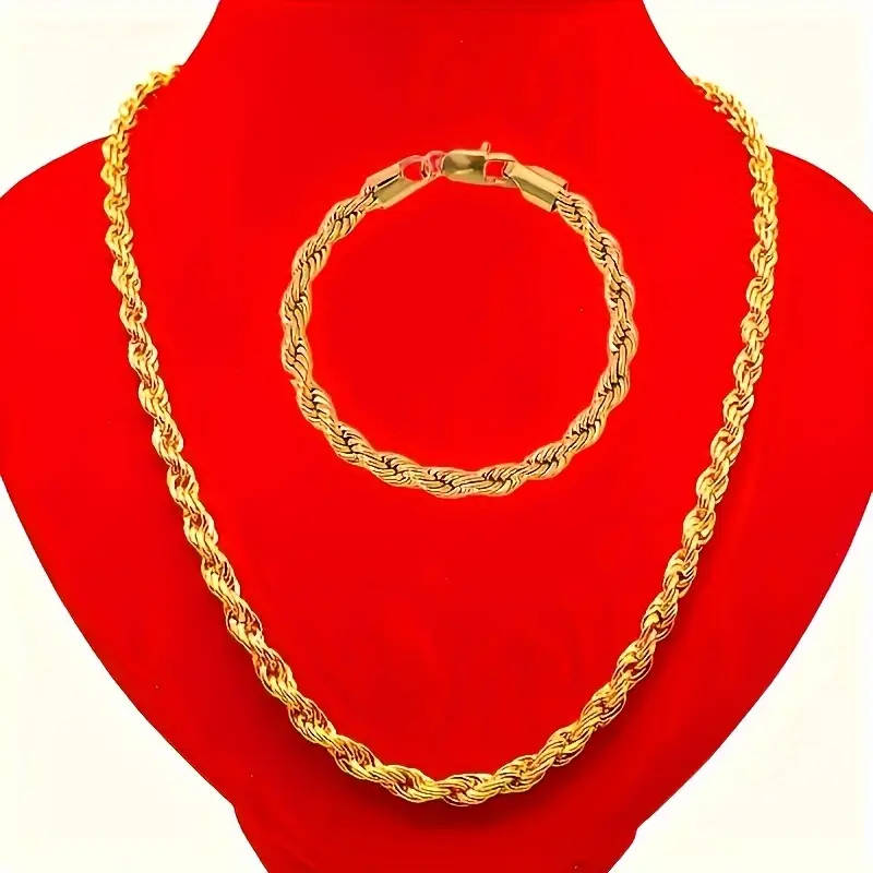 2 Piece Set 4mm Unisex 18K Golden Plated Necklace and Bracelet