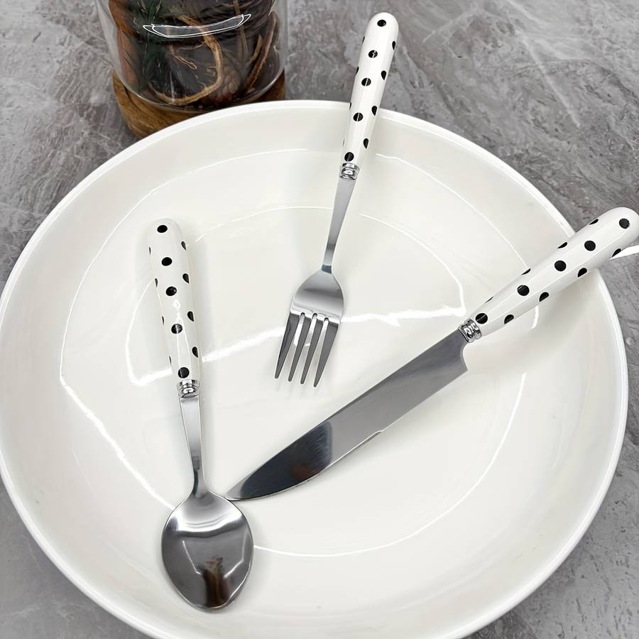 4pcs Stainless Steel Cutlery Set with Polka Dot Ceramic Handles Includes Knife Fork Spoon